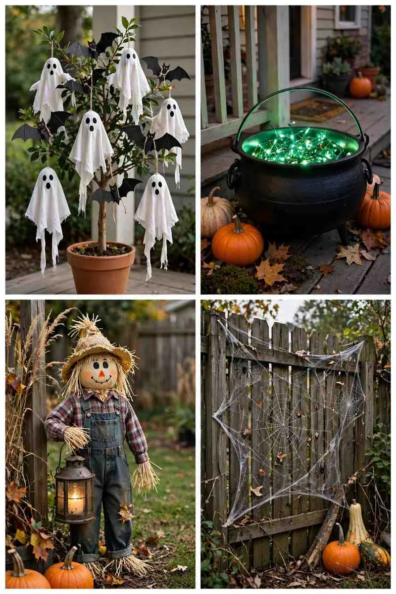 Collage of haunted Halloween yard ideas: haunted tree, glowing cauldron, scarecrow graveyard keeper and spider web fence