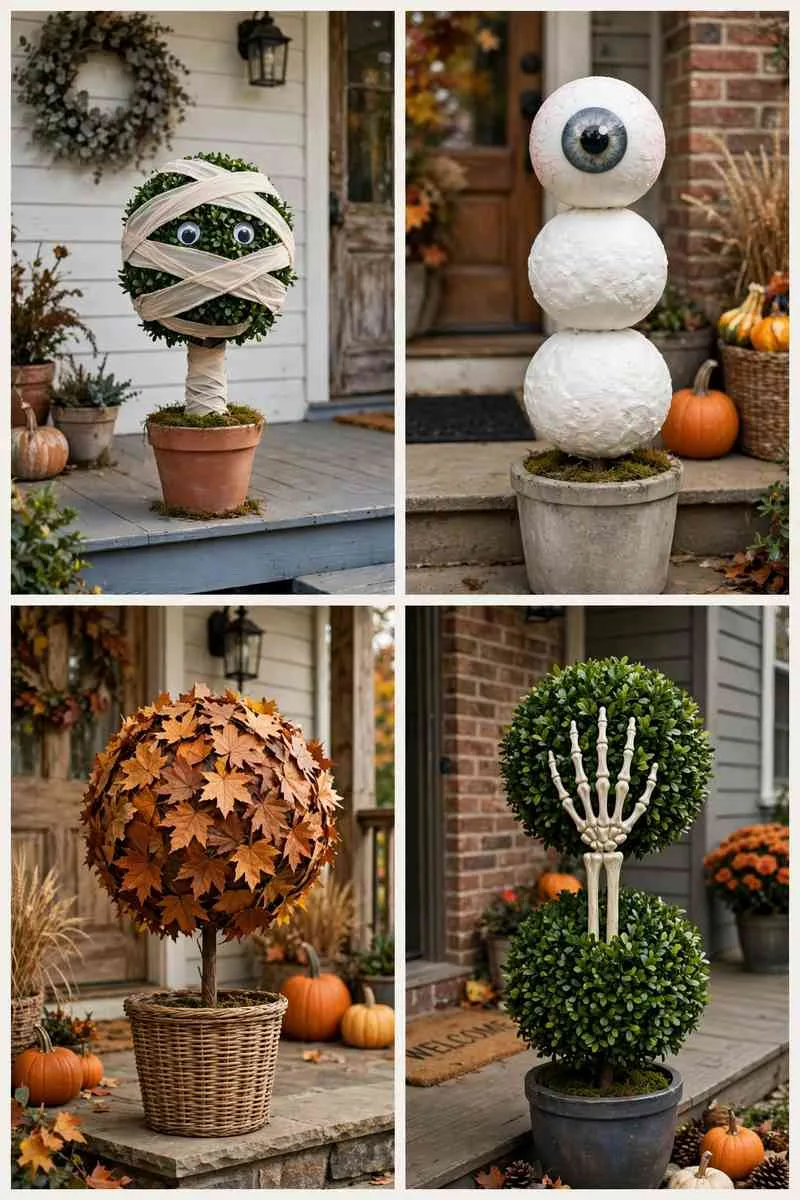 Collage of Halloween topiaries: mummy, eyeball, autumn leaf and skeleton hand