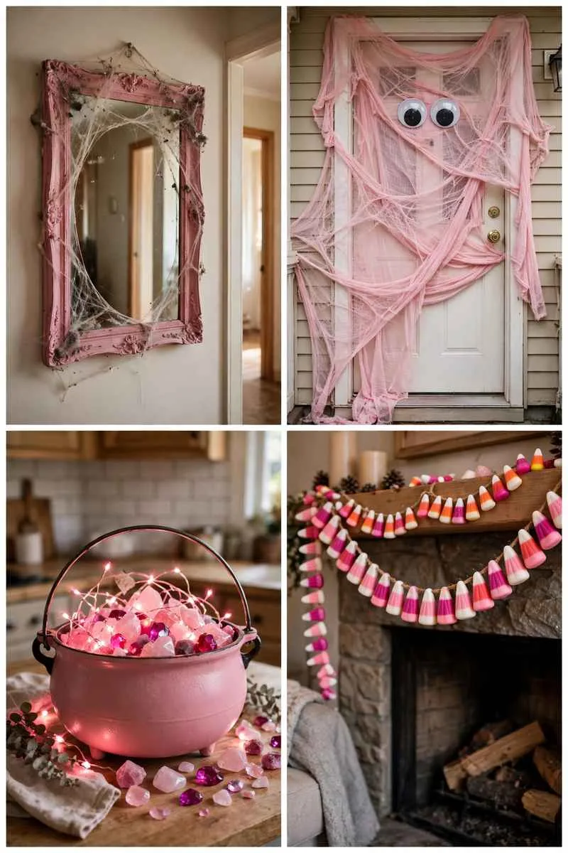 Collage of pink Halloween ideas: haunted mirror, pink mummy door, pink cauldron and pink candy corn garland