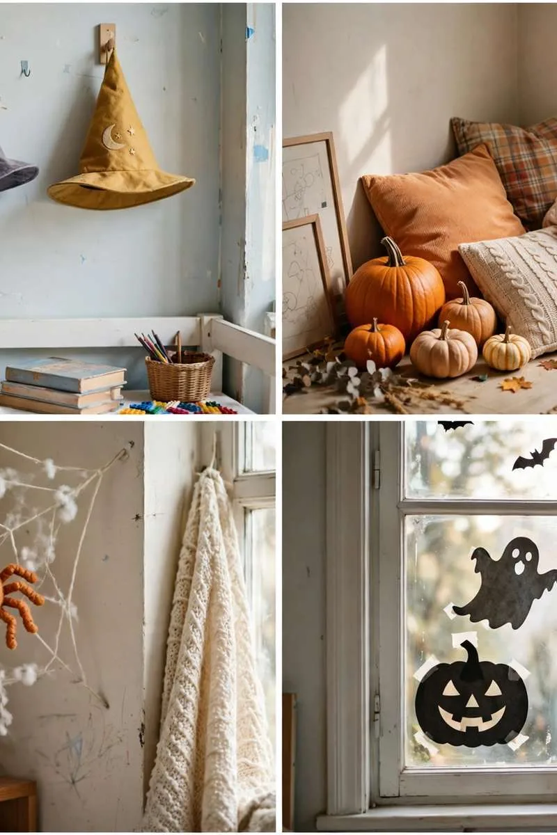 Collage of kids room Halloween ideas: friendly witch hats, pumpkin patch reading nook, spider web corner with a smiling spider and window silhouettes
