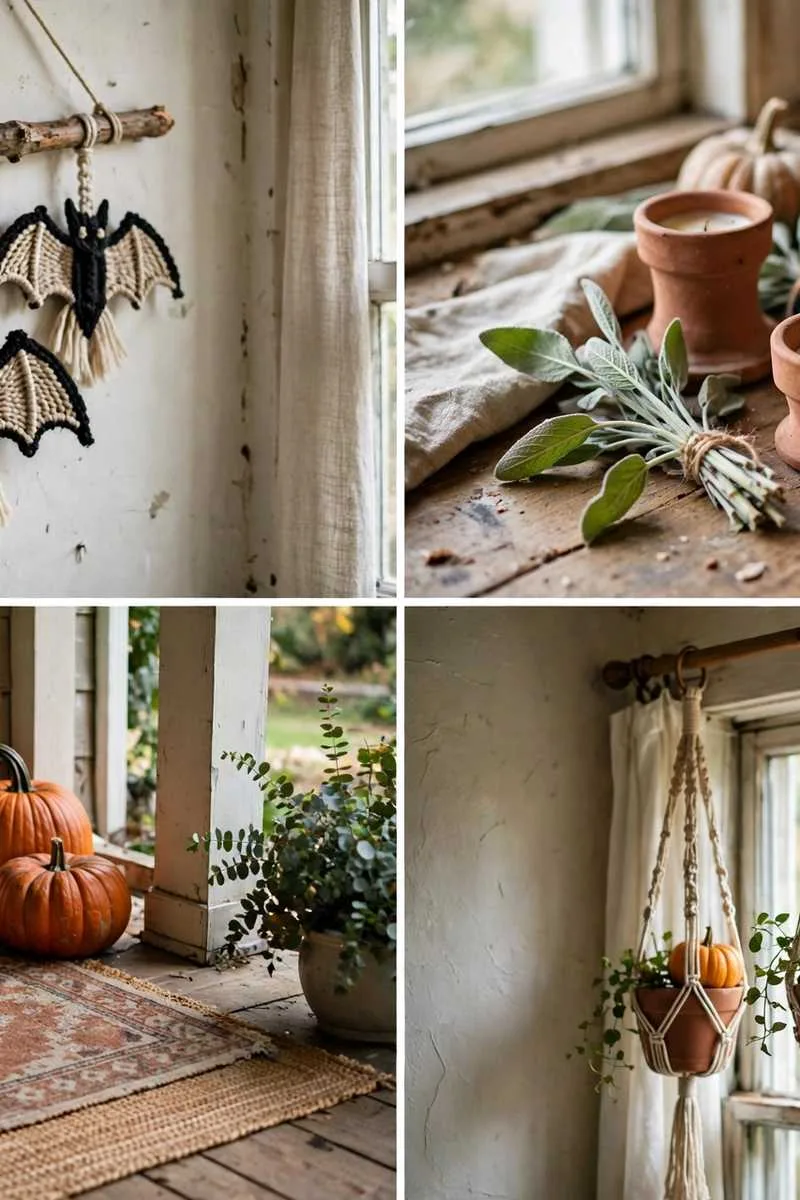 Collage of boho Halloween ideas: woven wall bats, terracotta candles with sage, layered porch rugs with pumpkins and macrame plant hangers