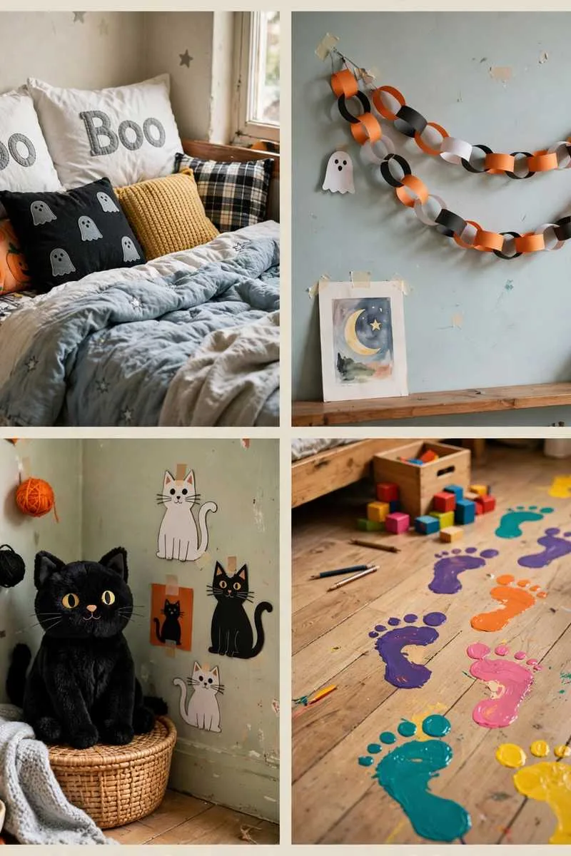 Collage of kids room Halloween ideas: Boo pillowcases and cushions, trick-or-treat countdown chain, friendly black cat corner and monster footprint trail