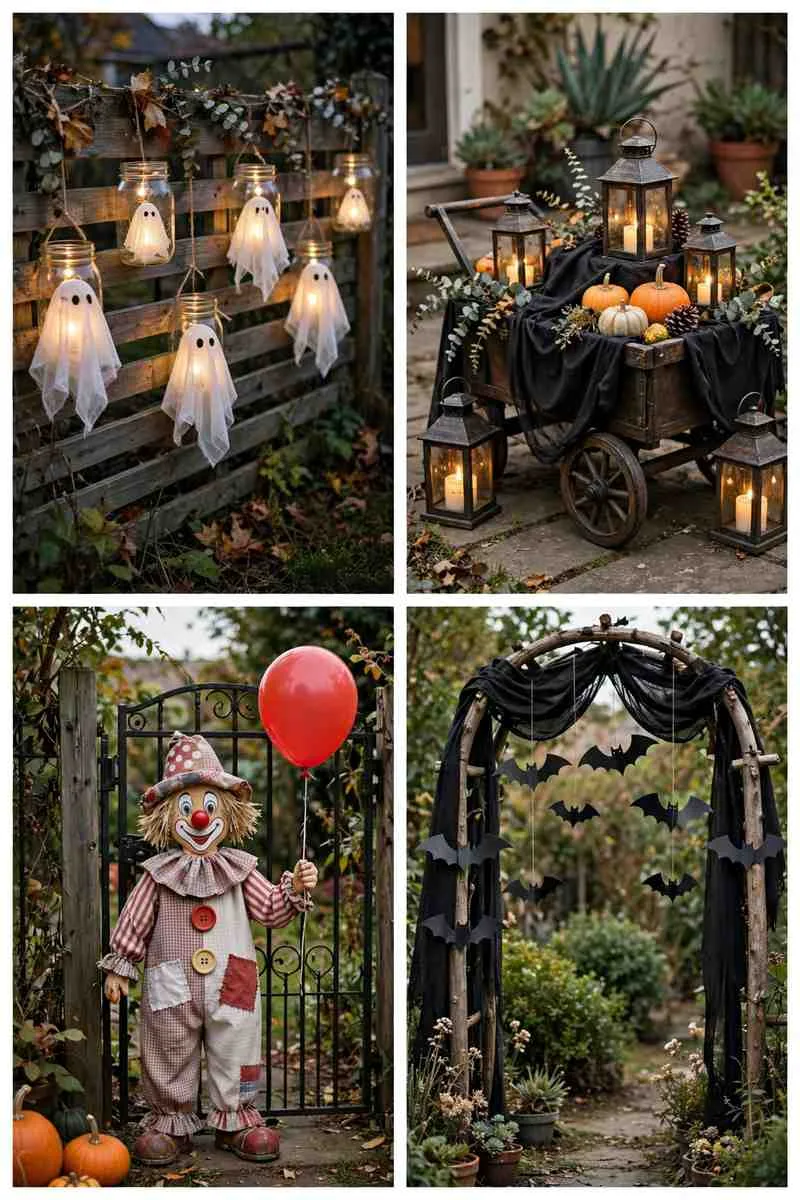 Collage of haunted Halloween yard ideas: mason jar ghost lights, haunted hearse, creepy clown corner and gothic archway