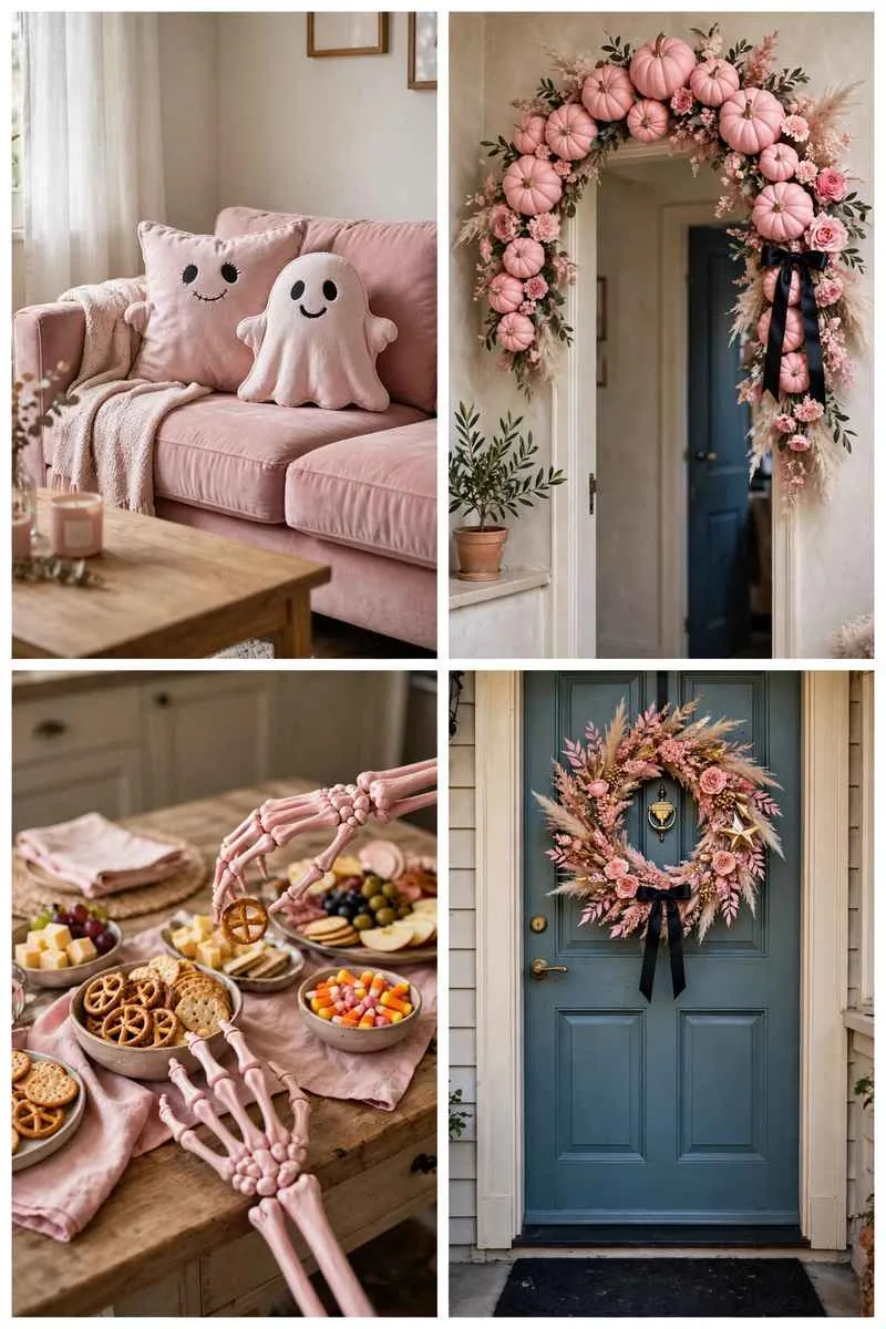 Collage of pink Halloween ideas: ghost pillow covers, pink pumpkin archway, pink skeleton hands and pink and gold wreath