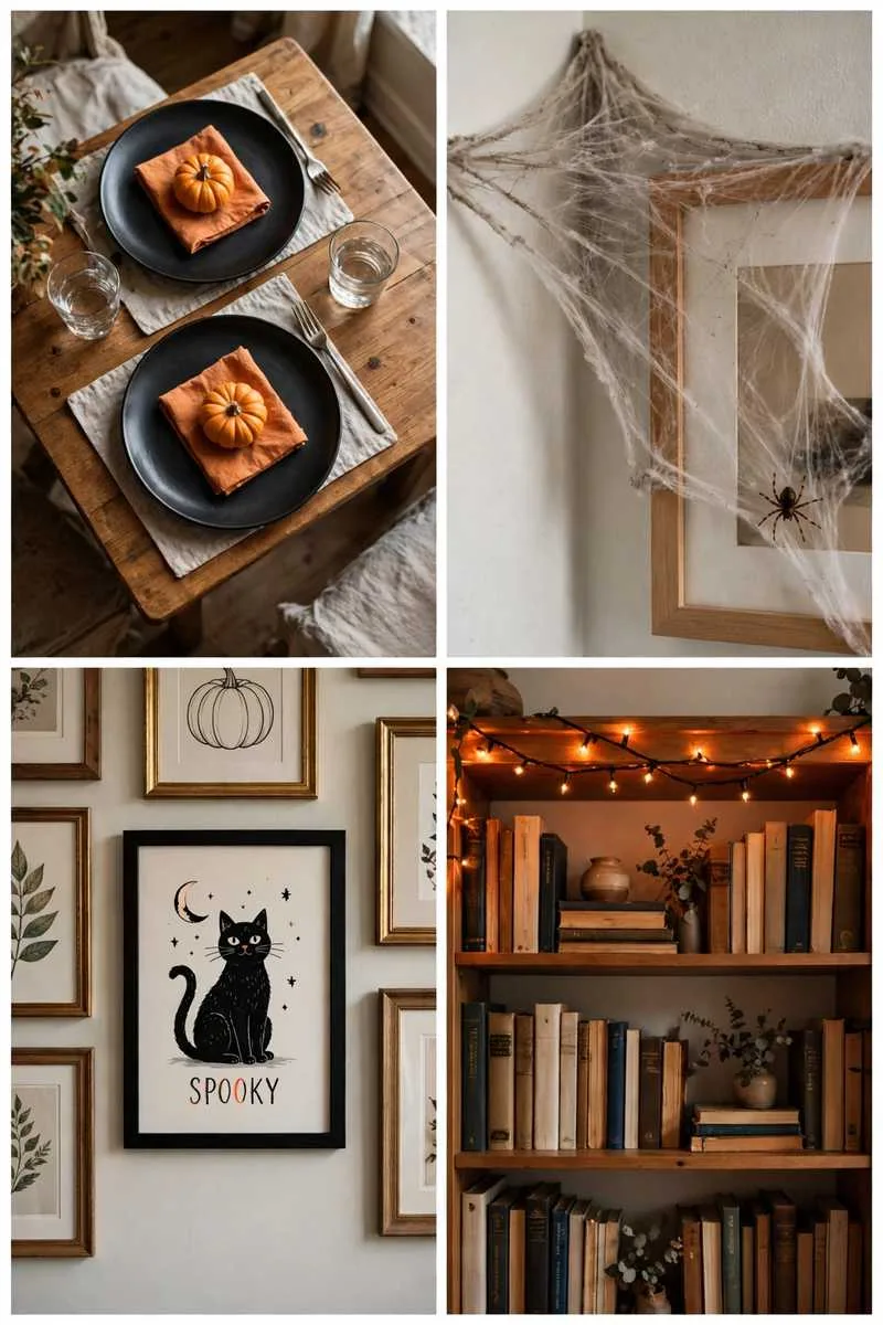 Collage of small space Halloween ideas: pumpkin place settings, corner cobwebs, gallery wall swap and shelf fairy lights
