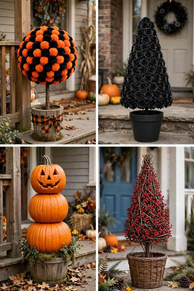 Collage of Halloween topiaries: pom-pom, black rose, jack-o-lantern stack and twig and berry