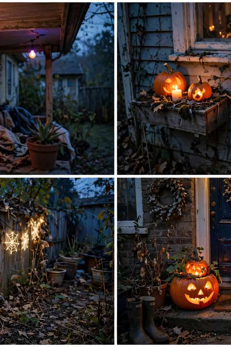 Collage of outdoor Halloween lighting ideas: colour-changing porch bulbs, pumpkin window boxes, spider web fence lights and glowing planters