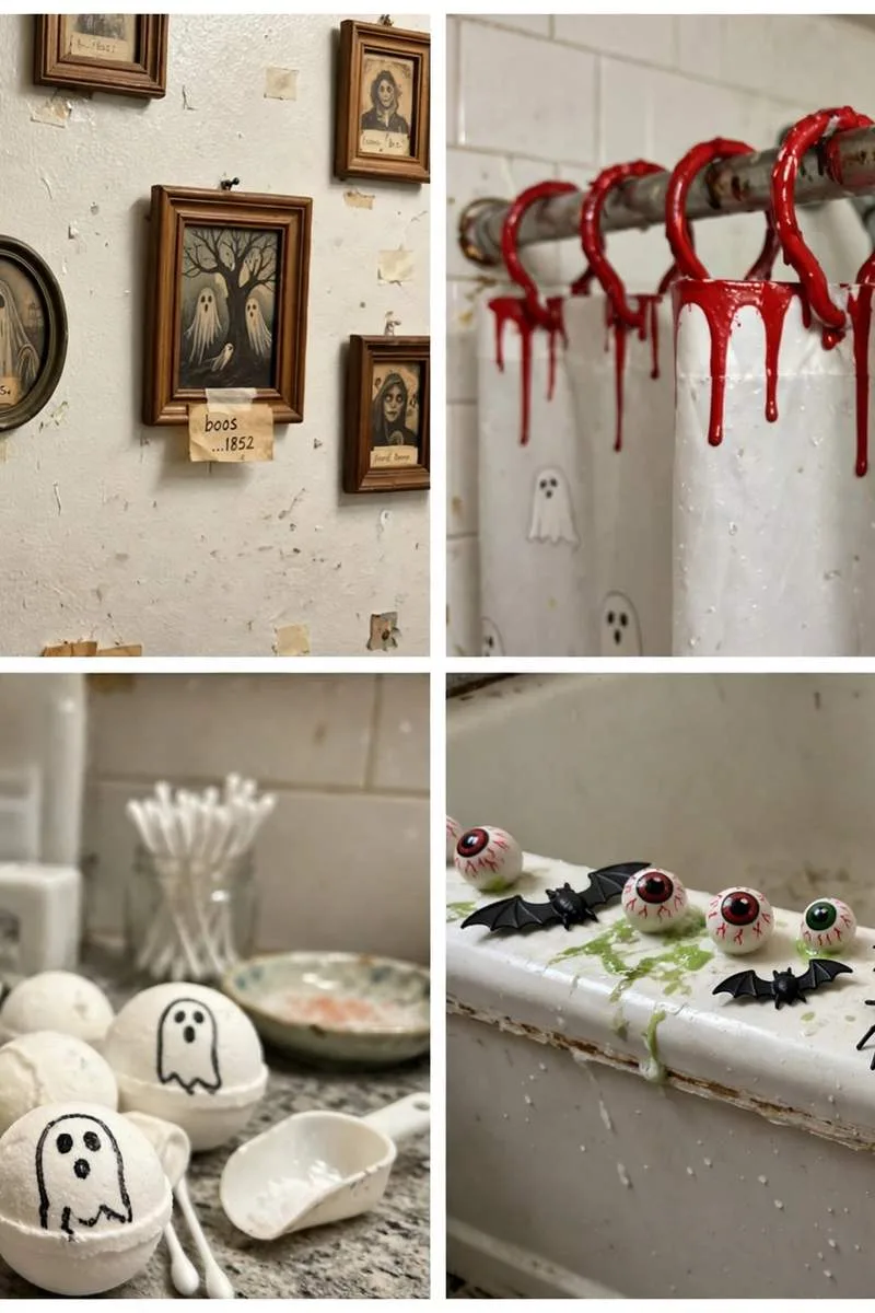 Collage of Halloween bathroom ideas: haunted portraits, blood drip curtain rings, ghost bath bombs and creepy crawly bath toys