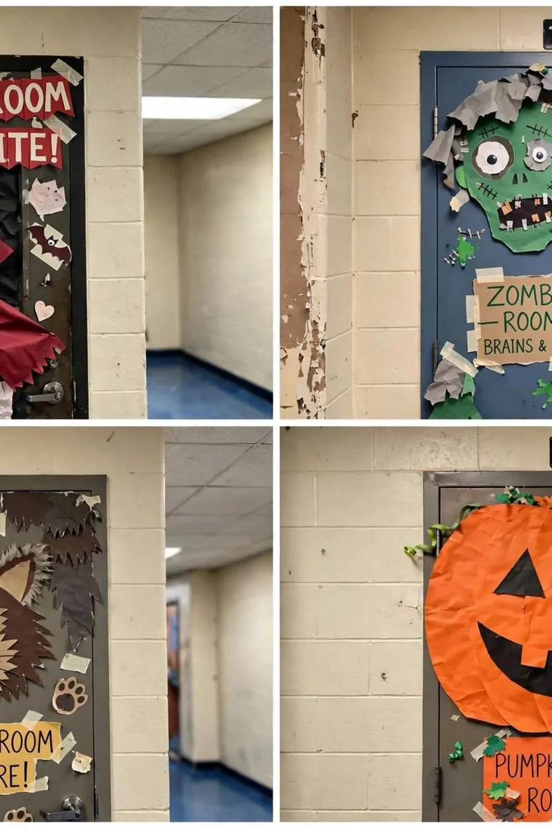 Collage of Halloween classroom door ideas: vampire, zombie, werewolf and jack-o'-lantern face doors