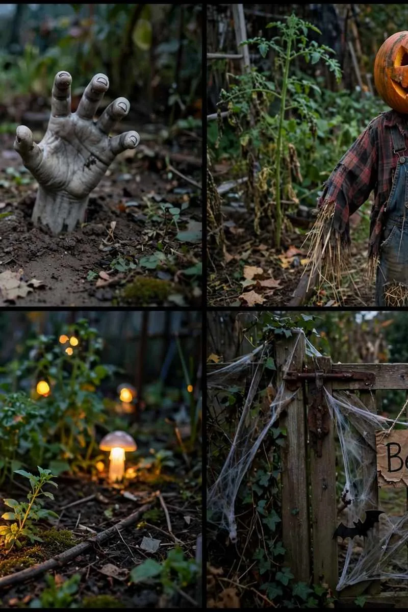 Collage of Halloween garden ideas: zombie hands, pumpkin scarecrow, glowing mushroom lights and haunted garden gate