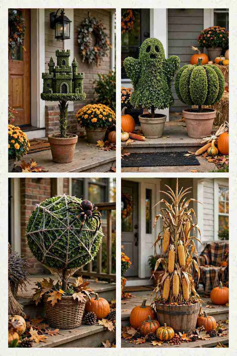 Collage of Halloween topiaries: vampire castle, ghost and pumpkin duo, spider and web and harvest corn
