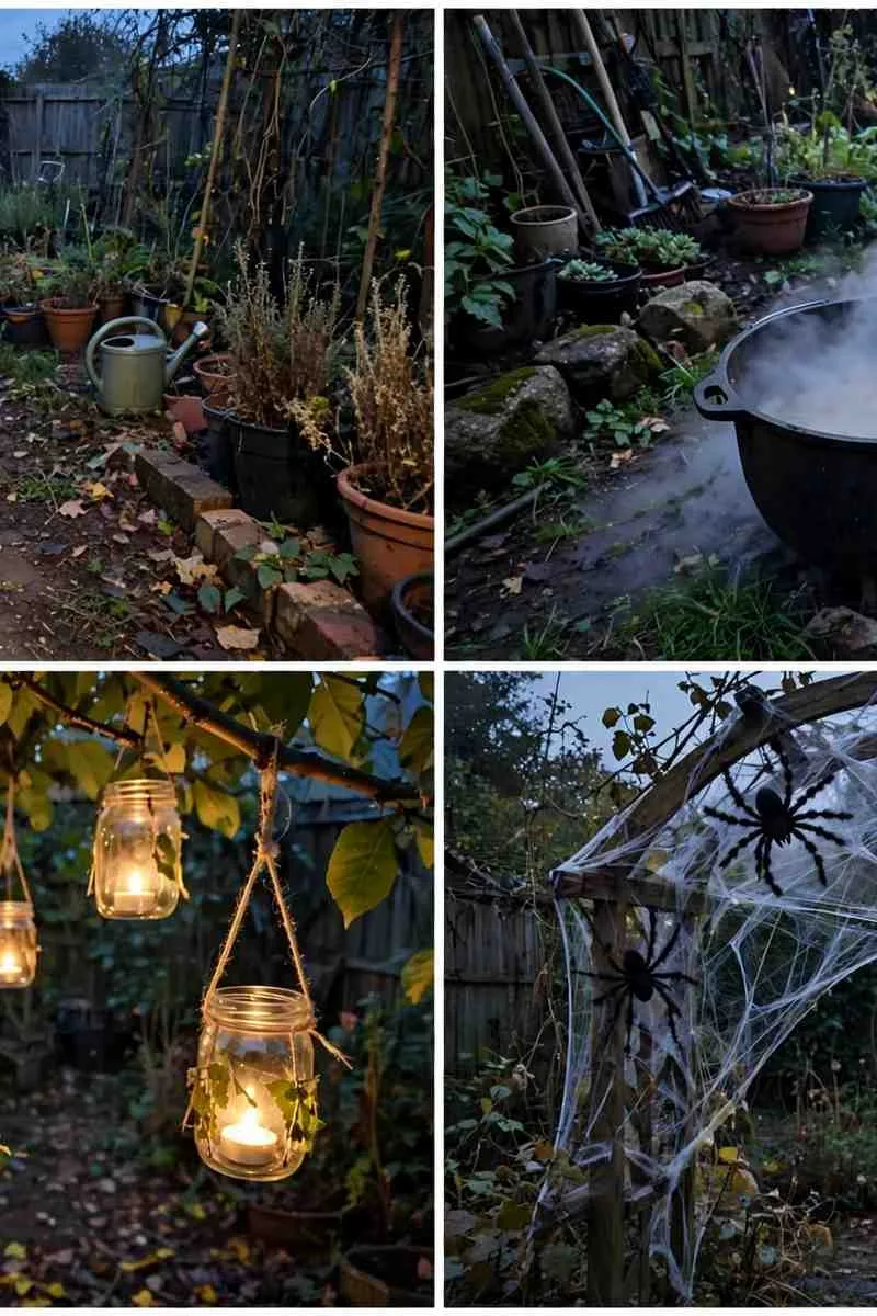 Collage of Halloween garden ideas: skeleton dog, witches cauldron, ghost lanterns and spider web arch