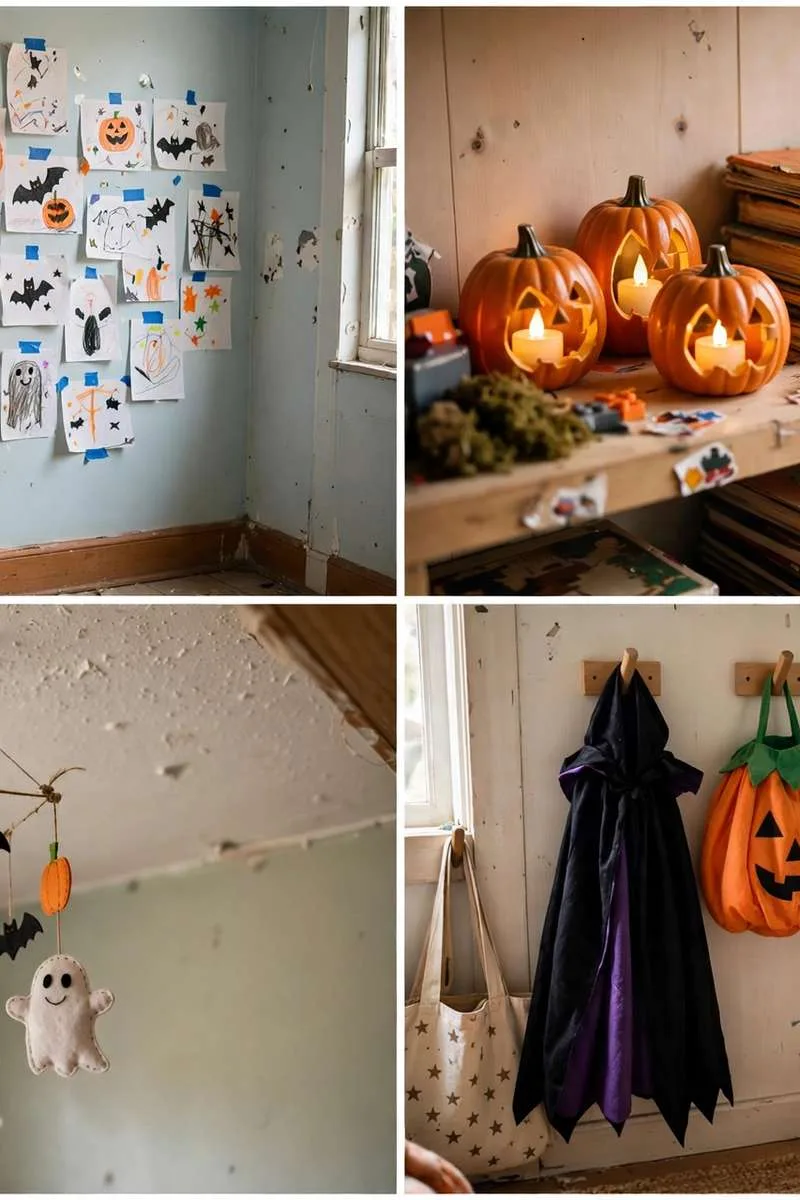 Collage of kids room Halloween ideas: Halloween art gallery wall, pumpkin lantern shelf, ghost and pumpkin mobile and dress-up corner