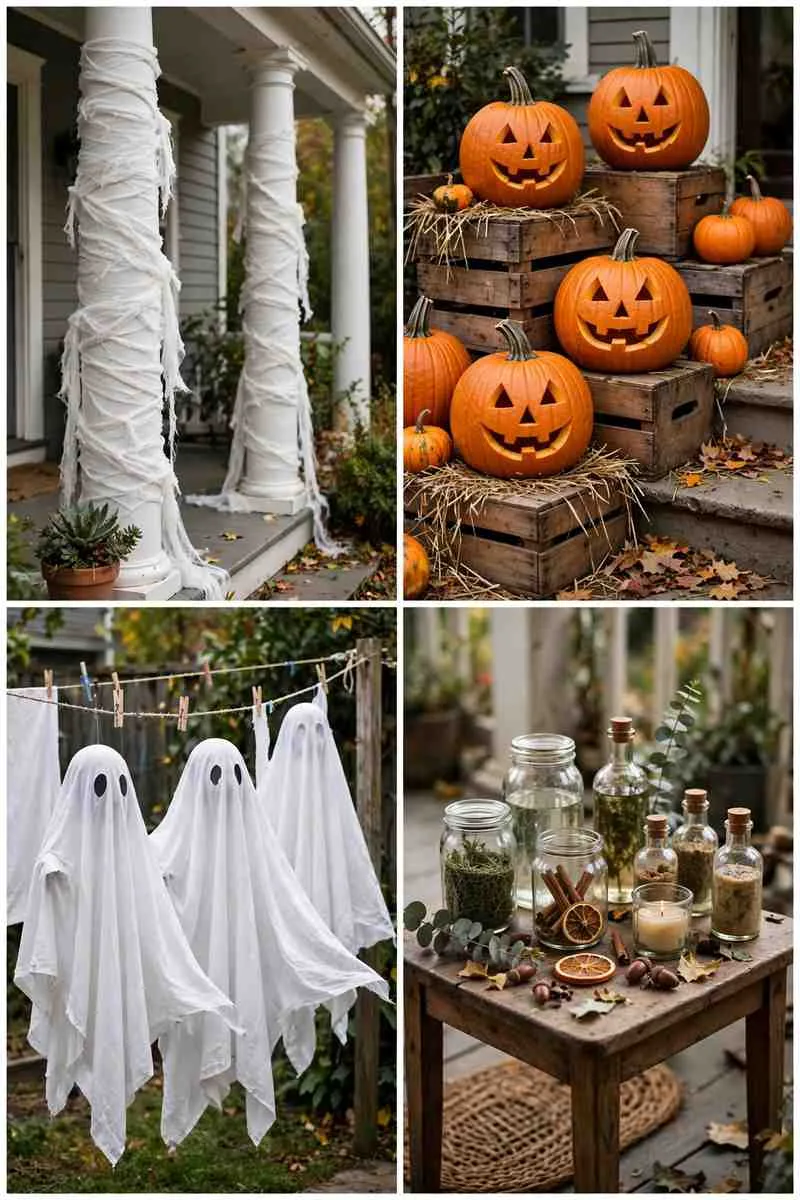 Collage of haunted Halloween yard ideas: mummy wrapped porch columns, evil grin pumpkin patch, ghost laundry line and witch potion garden