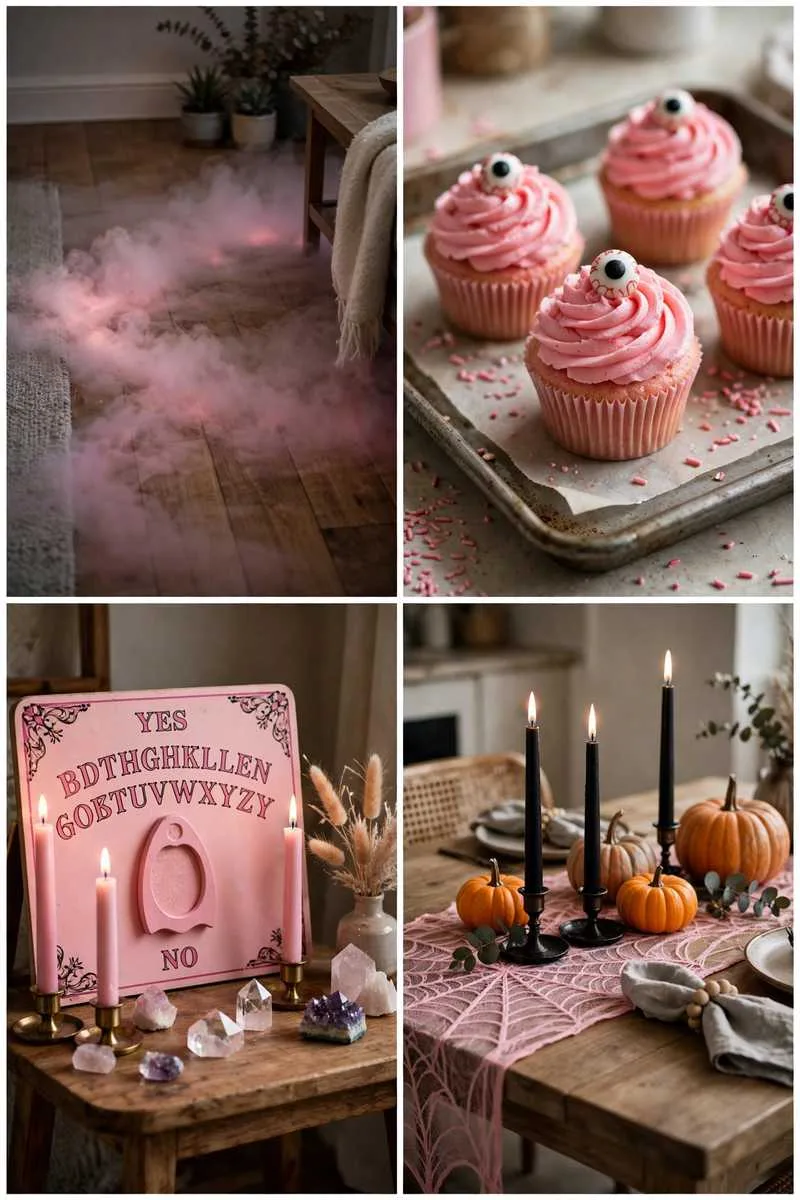 Collage of pink Halloween ideas: pink fog, pink eyeball cupcakes, pink Ouija board display and pink spider web table runner