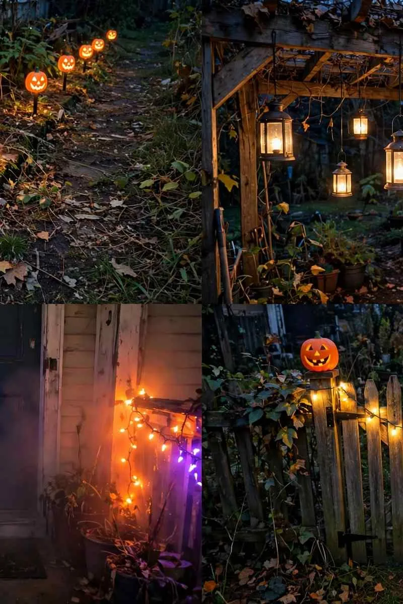 Collage of outdoor Halloween lighting ideas: pumpkin stake lights, pergola lanterns, fog and lights by a door and a lit garden gate