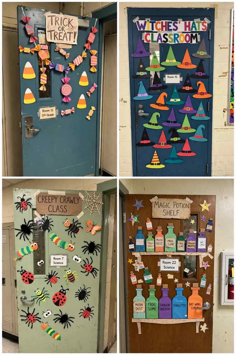 Collage of Halloween classroom door ideas: trick-or-treat, witches' hats, creepy crawly and magic potion doors