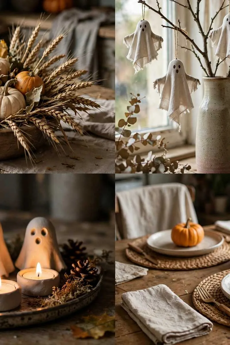 Collage of boho Halloween ideas: dried wheat and pumpkin centrepiece, linen ghosts on a branch, clay ghost tea lights and woven placemats