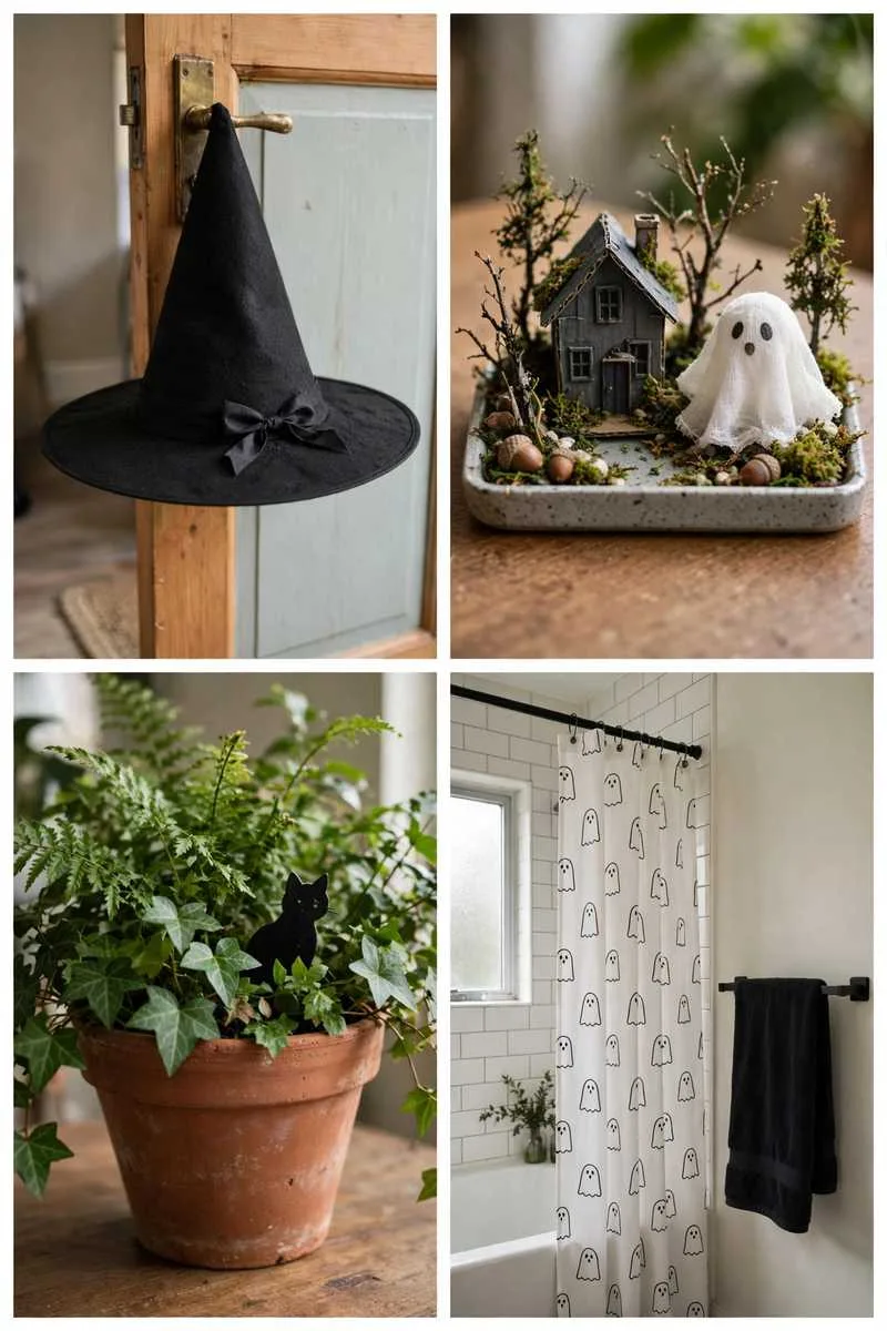 Collage of small space Halloween ideas: witch hat door hanger, miniature haunted house, black cat plant pot and Halloween shower curtain
