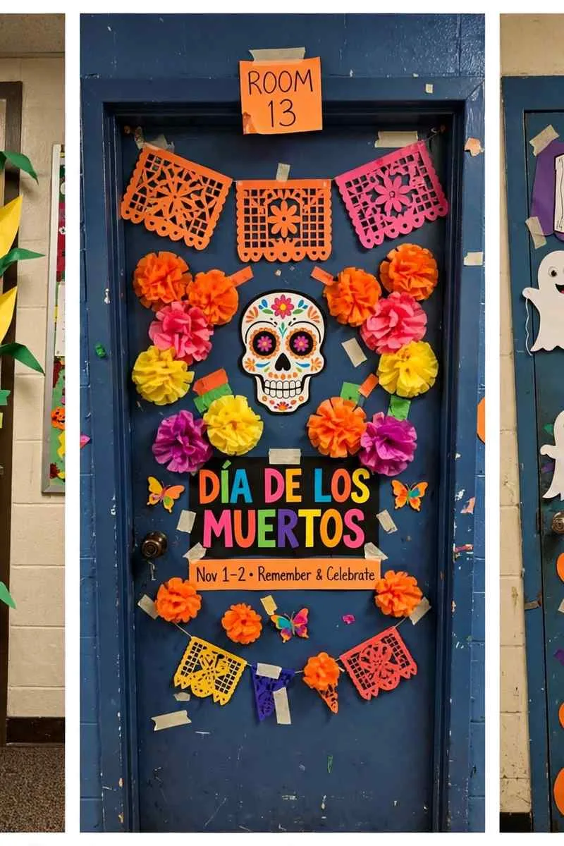 Collage of Halloween classroom door ideas: corn maze, Day of the Dead and Boo Crew doors