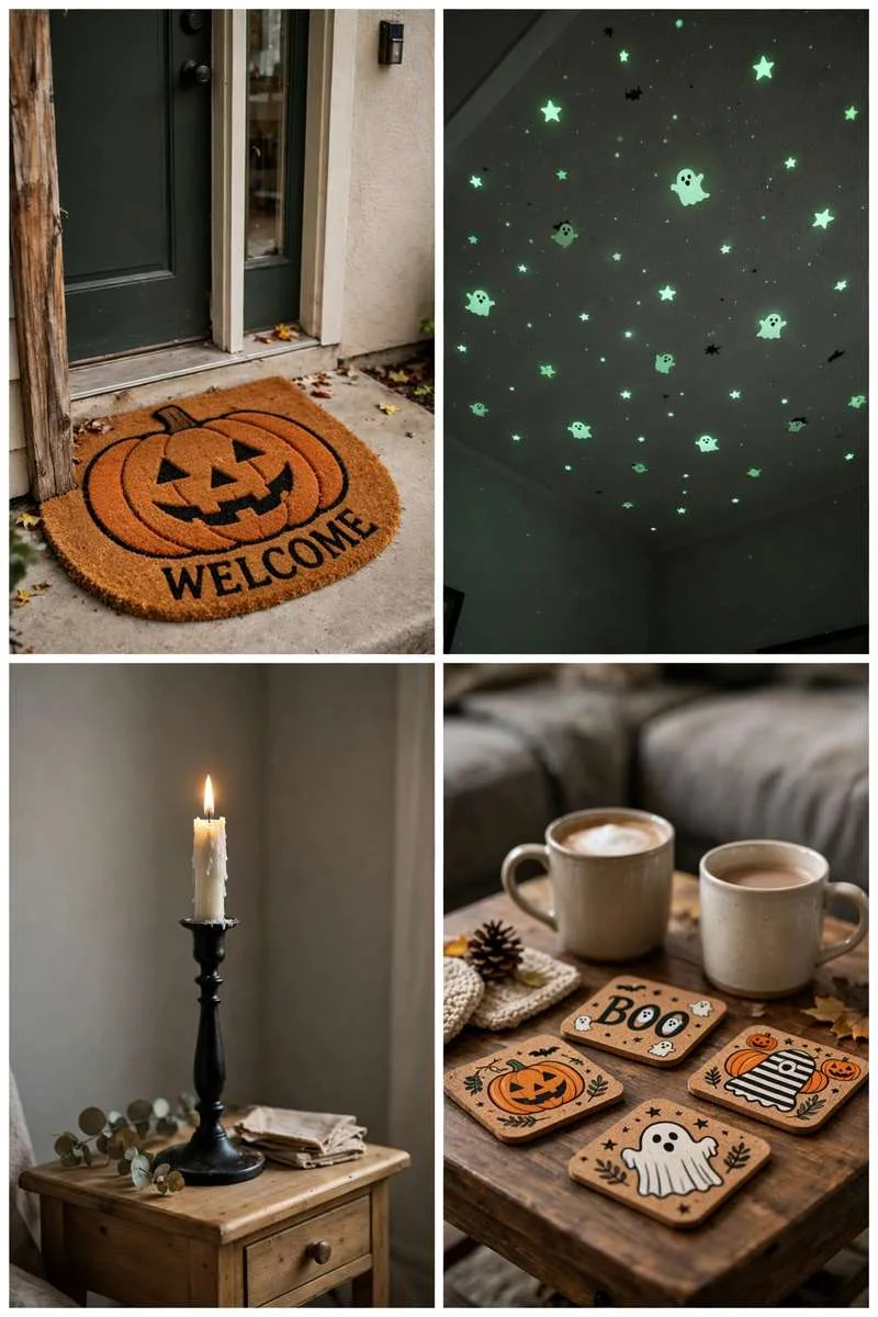 Collage of small space Halloween ideas: pumpkin doormat, glow in the dark ceiling ghosts, black candlestick and Halloween coasters