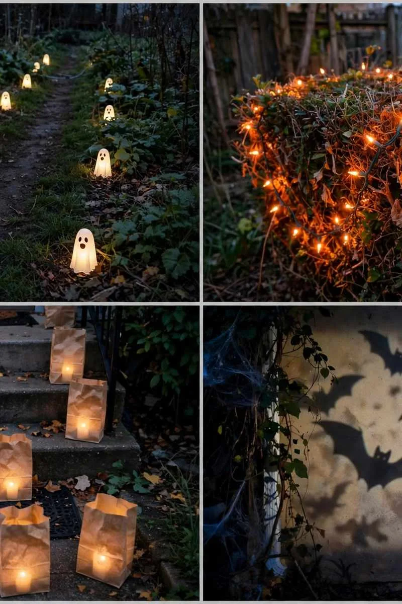 Collage of outdoor Halloween lighting ideas: ghost pathway markers, hedge lights, paper bag luminaries and projected bats