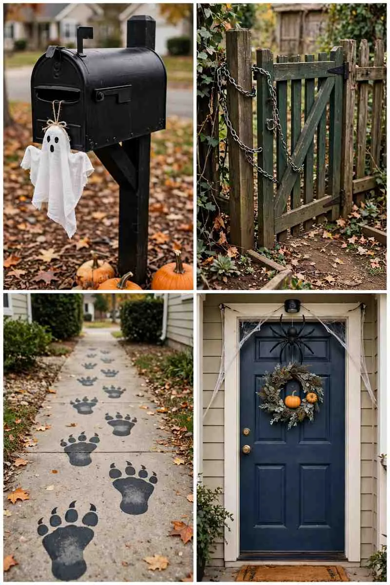 Collage of haunted Halloween yard ideas: haunted mailbox, chained cemetery gates, monster footprints and door jump scare