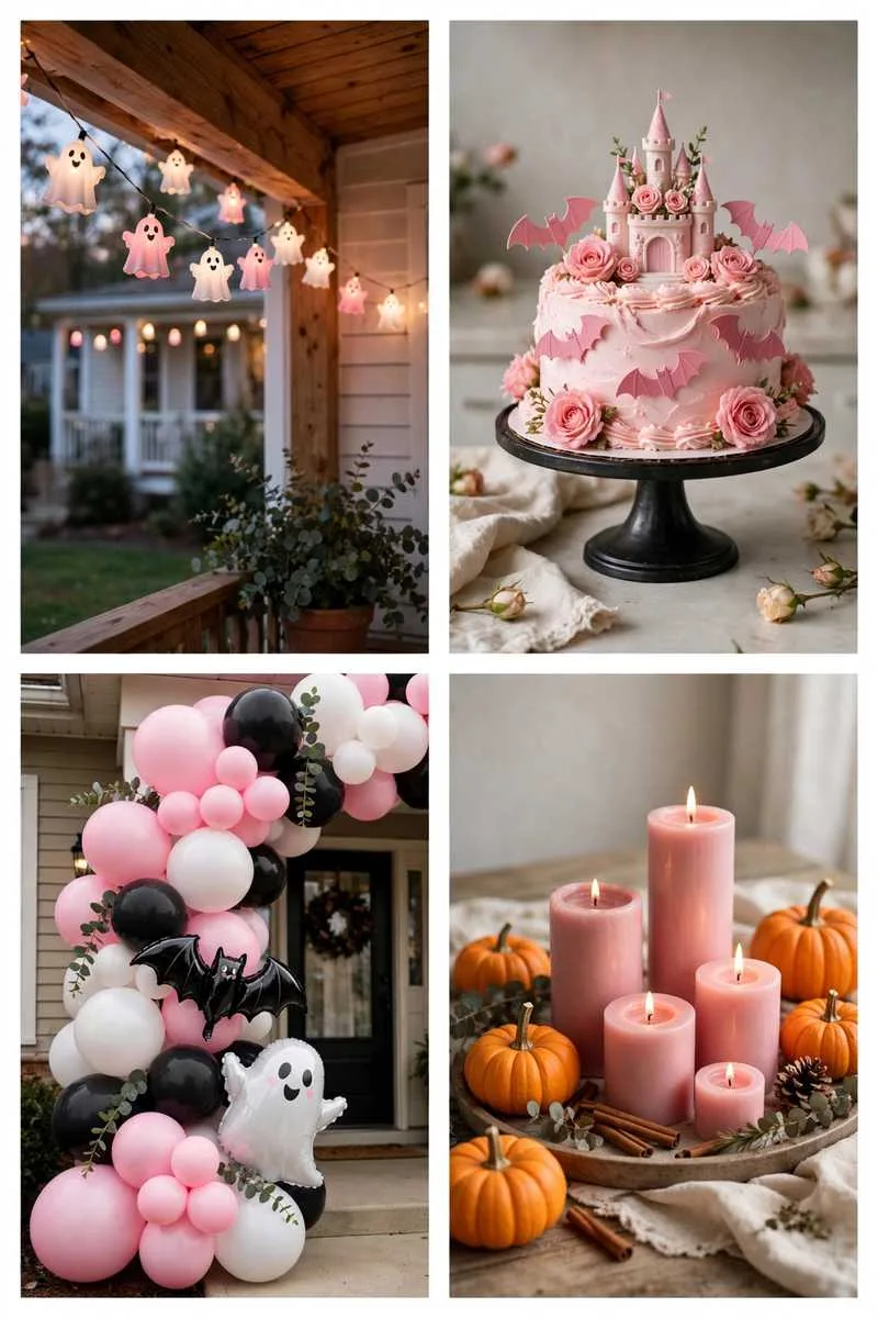 Collage of pink Halloween ideas: pink ghost string lights, pink vampire castle cake, pink and black balloon arch and pink candles