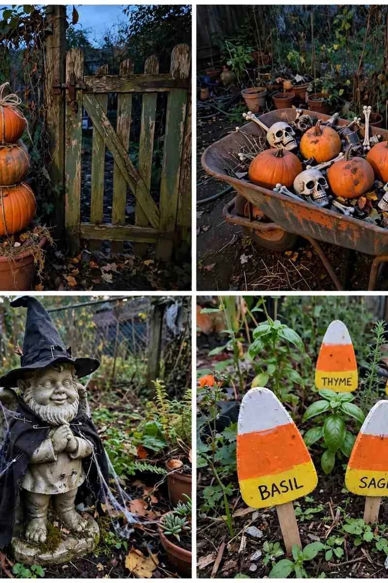 Collage of Halloween garden ideas: pumpkin topiary, haunted wheelbarrow, eerie garden statues and candy corn markers