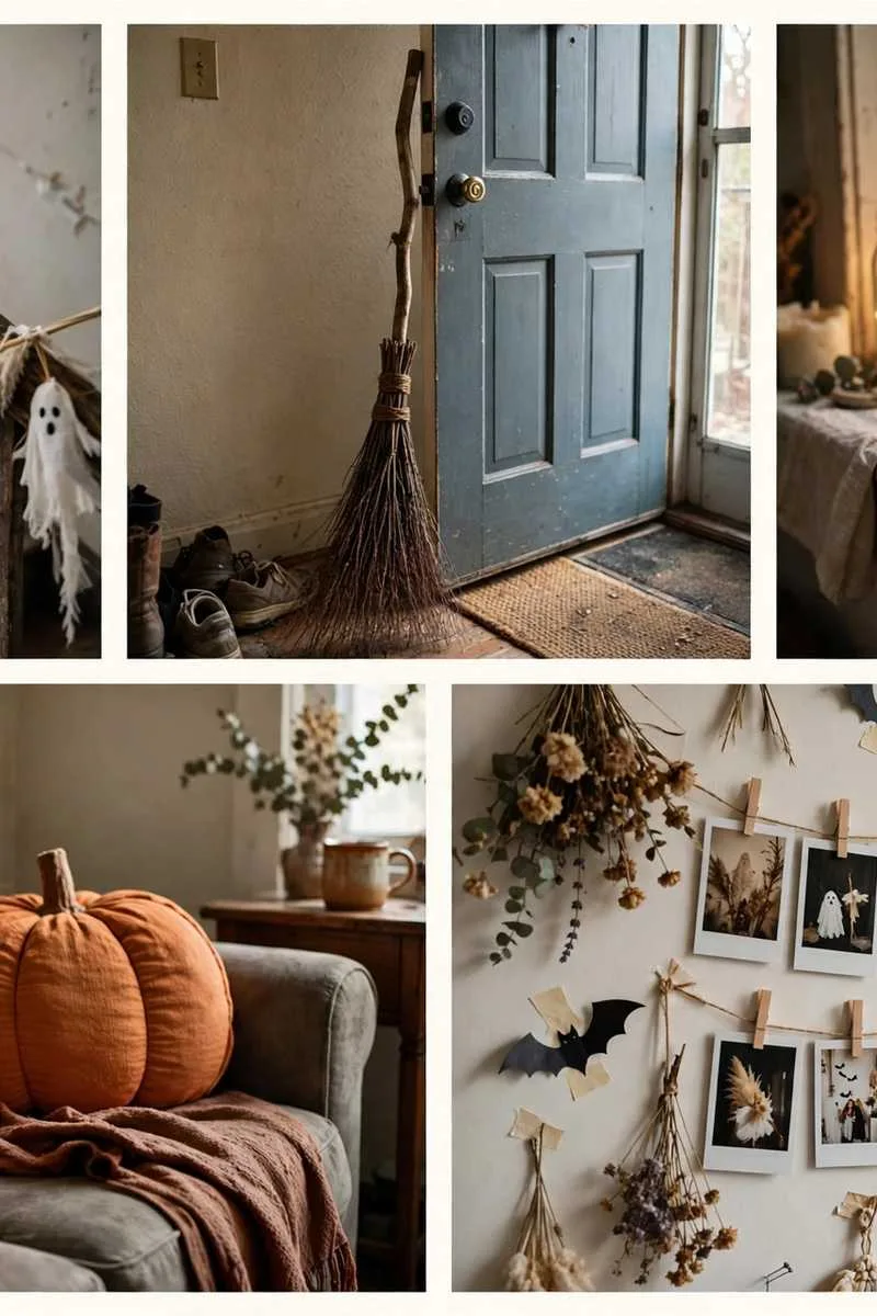 Collage of boho Halloween ideas: pampas ghost garland, twig witch broom, fairy lights in glass jars, rust throws and pumpkin cushions and boho photo wall