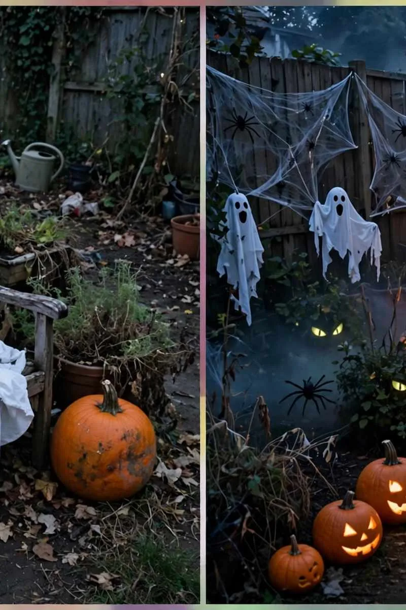 Collage of Halloween garden ideas: haunted garden bench and full haunted garden makeover