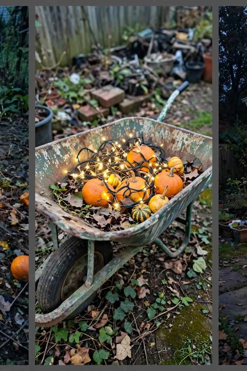 Collage of outdoor Halloween lighting ideas: lit topiary with pumpkins, fairy lights in a wheelbarrow and a full porch light show at dusk