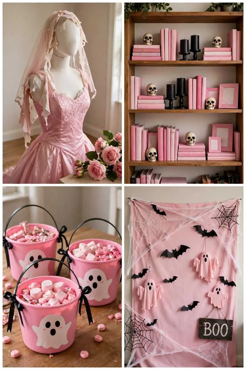 Collage of pink Halloween ideas: pink zombie bride, pink haunted library shelves, pink trick-or-treat buckets and pink photo backdrop