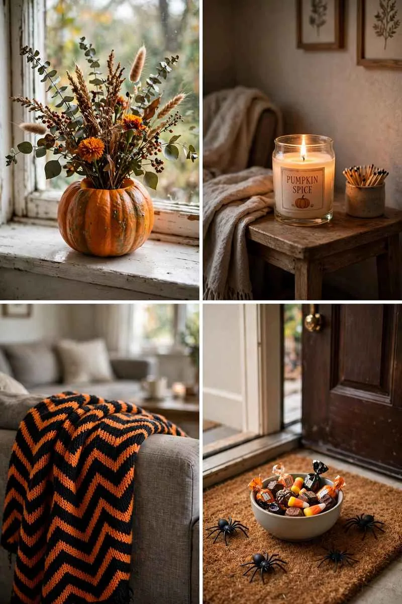 Collage of small space Halloween ideas: pumpkin vase, spooky scents, Halloween throw blanket and trick or treat bowl