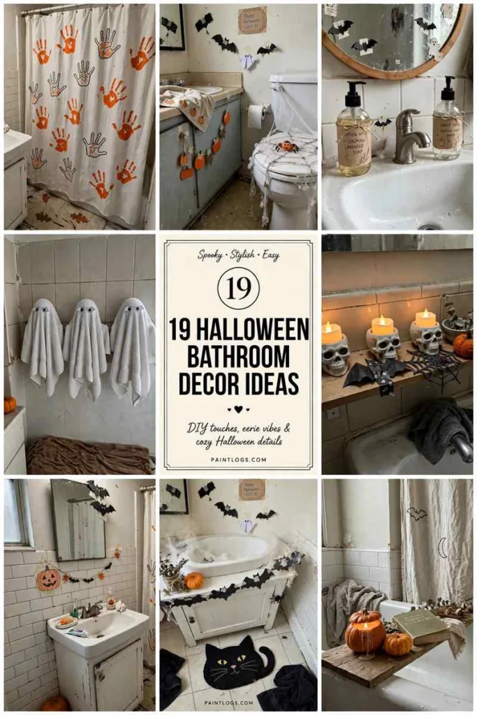 19 Halloween bathroom decor ideas, collage of handprint shower curtain, spider web toilet, potion dispensers and ghost towels with title panel