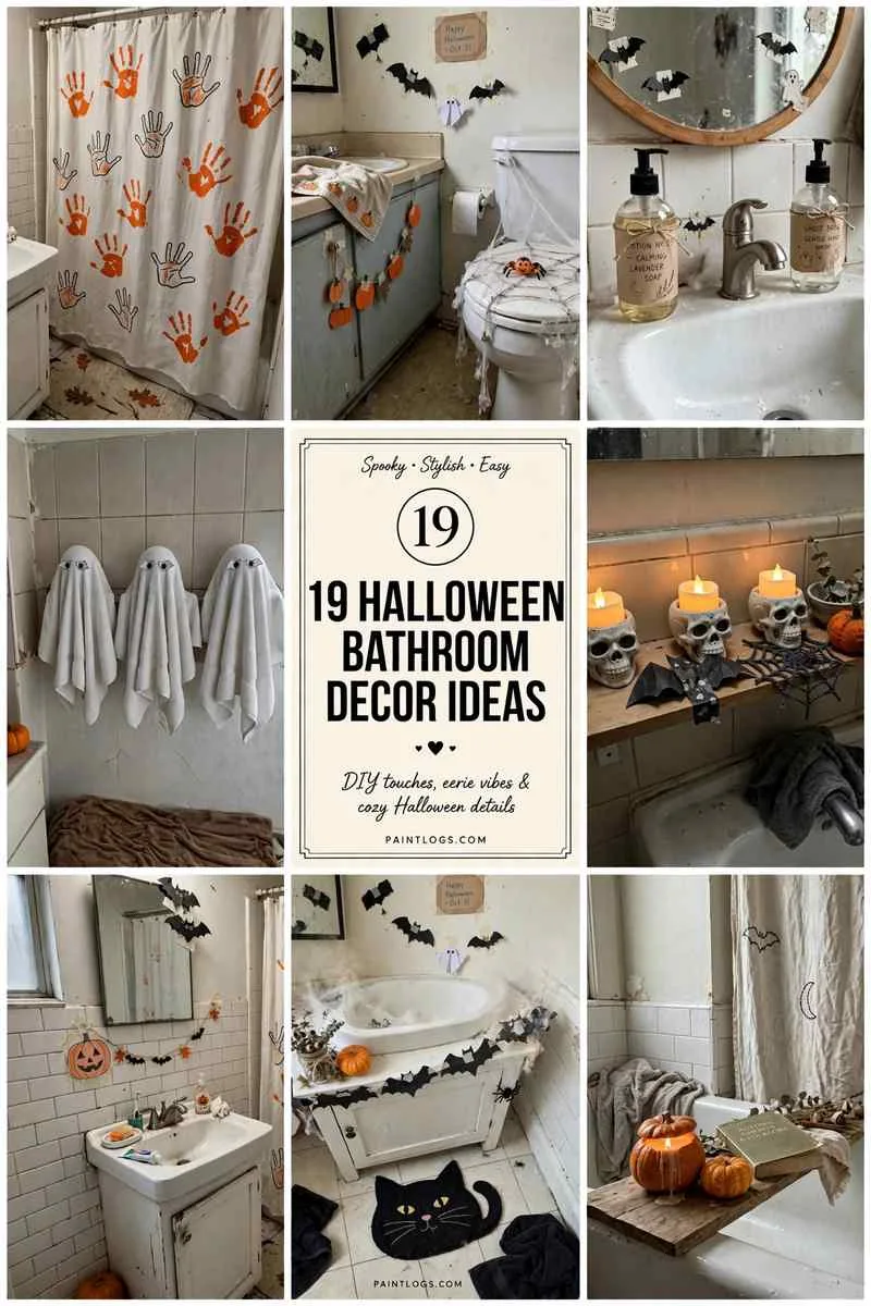 19 Halloween bathroom decor ideas, collage of handprint shower curtain, spider web toilet, potion dispensers and ghost towels with title panel