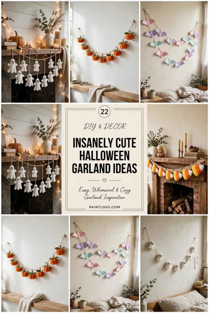 22 insanely cute Halloween garland ideas, collage of felt ghosts, pom-pom pumpkins and pastel bats with title panel