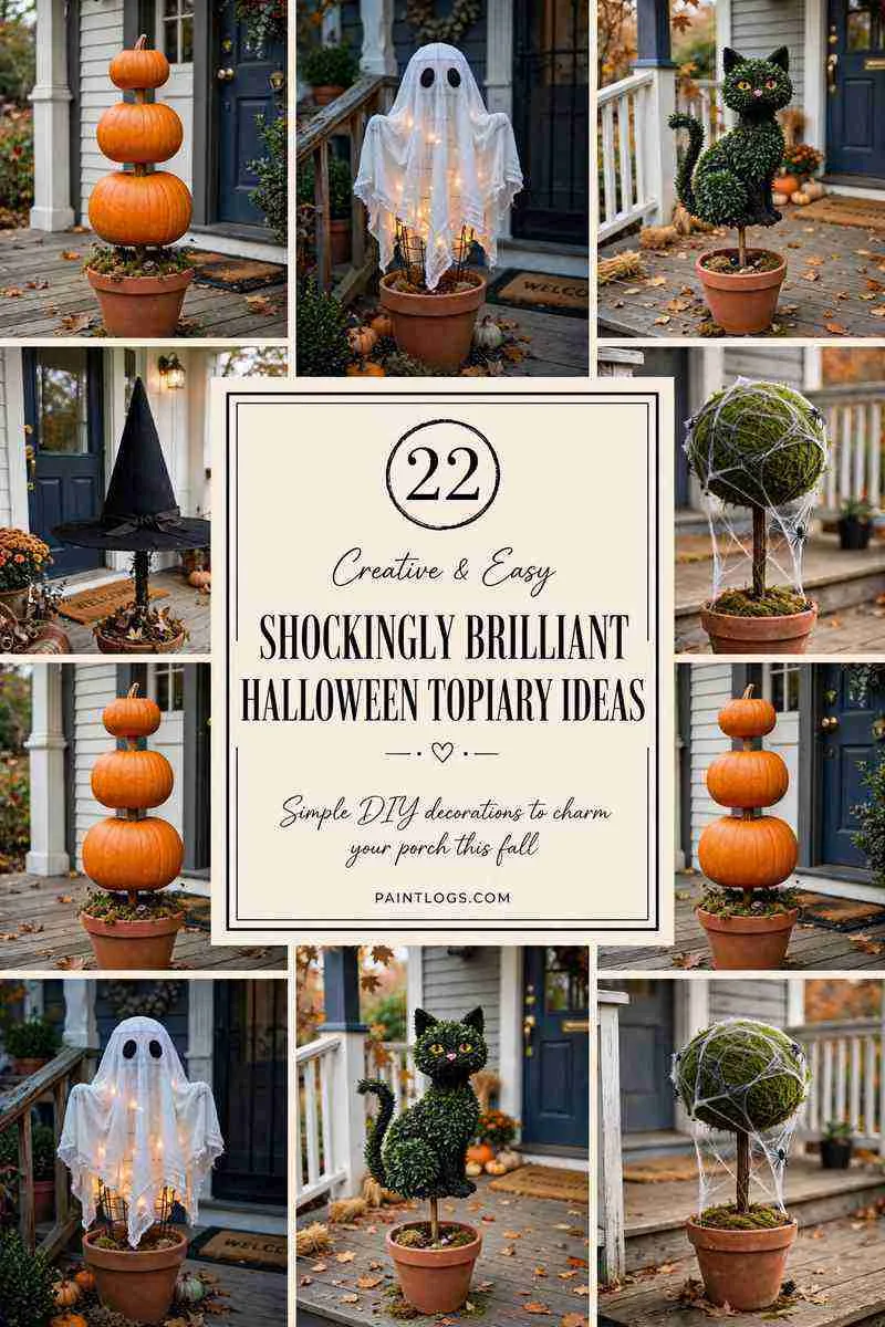 22 shockingly brilliant Halloween topiary ideas, collage of pumpkin stack, ghost, black cat and witch hat topiaries with title panel