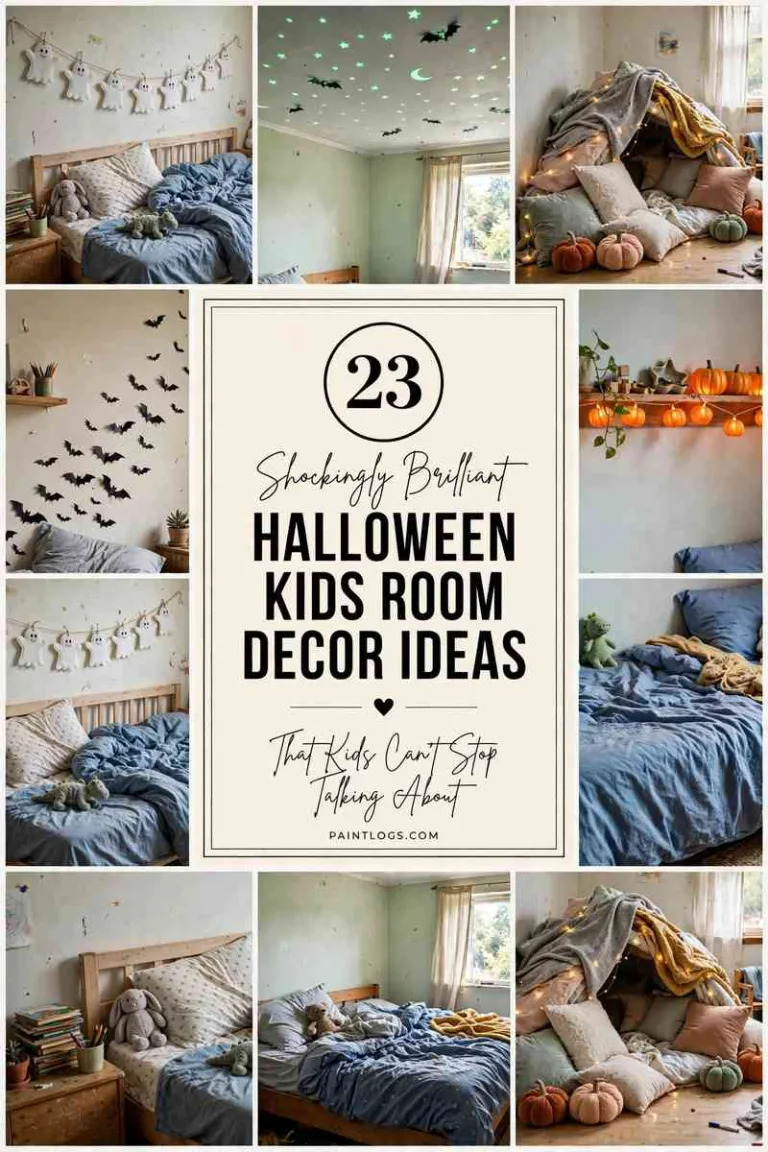 23 shockingly brilliant Halloween kids room decor ideas, collage of ghost garland, glow ceiling, pumpkin fort, bat decals and pumpkin lights with title panel