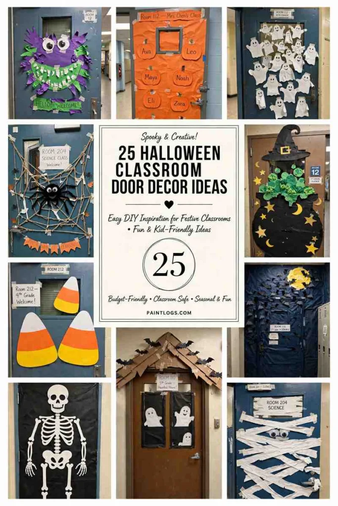 25 Halloween classroom door decor ideas, collage of monster, pumpkin patch, ghost, spider web and cauldron classroom doors with title panel