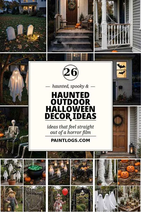 26 haunted outdoor Halloween decor ideas that feel straight out of a horror film, collage of haunted yards, pumpkins and ghosts