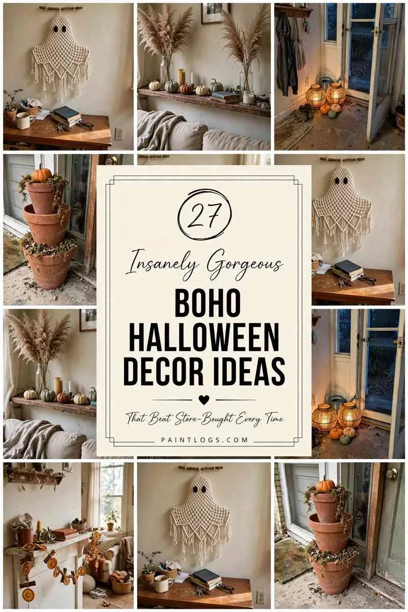 27 insanely gorgeous boho Halloween decor ideas, collage of macrame ghost, pampas mantel, rattan lanterns and terracotta stack with title panel