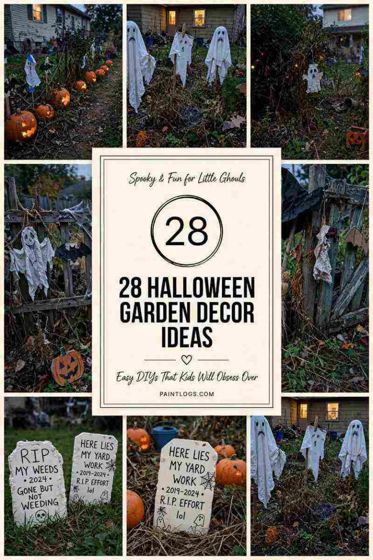 28 Halloween garden decor ideas, collage of pumpkin path, garden ghosts, glowing eyes and spider web fence with title panel