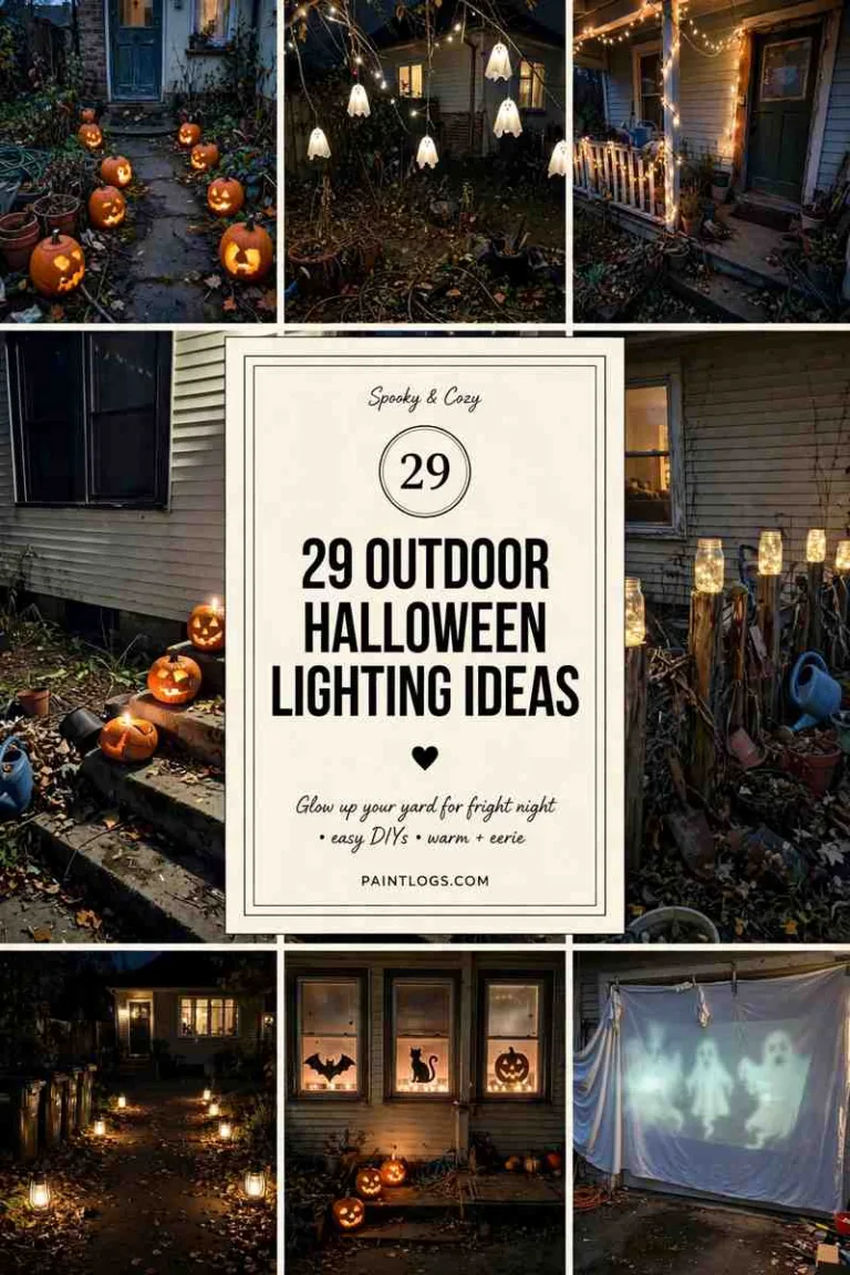 29 outdoor Halloween lighting ideas, collage of pumpkin pathway, porch lights, ghost tree lights and lantern driveway with title panel
