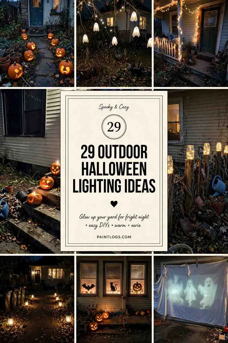29 outdoor Halloween lighting ideas, collage of pumpkin pathway, porch lights, ghost tree lights and lantern driveway with title panel