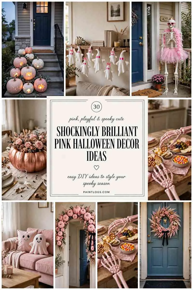 30 shockingly brilliant pink Halloween decor ideas, collage of pink pumpkins, pink ghosts and pink bats with title panel